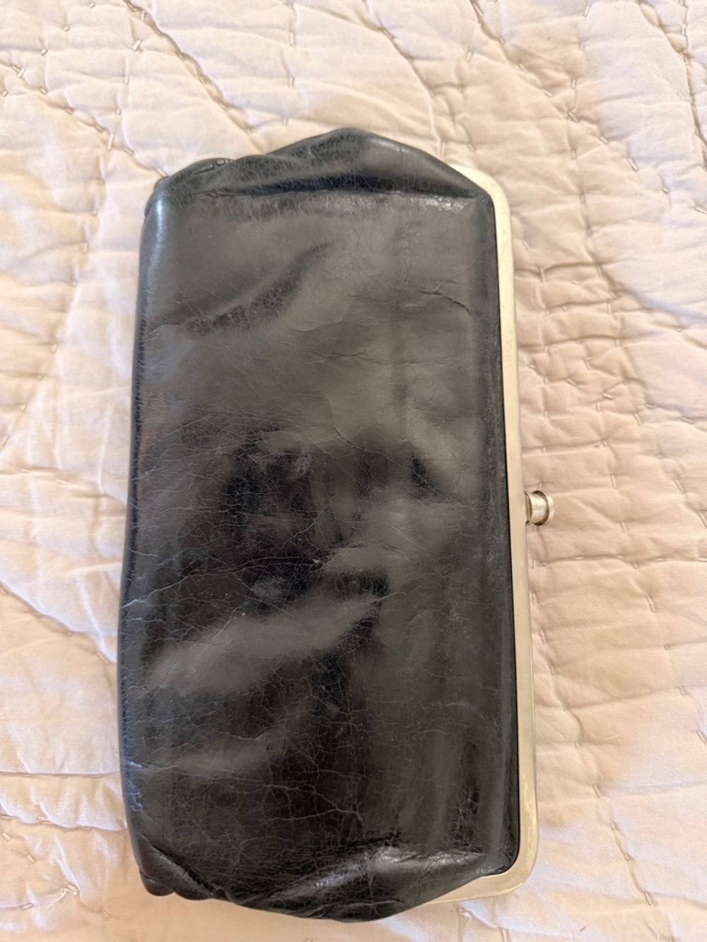 HOBO Black Leather Frame Clutch Wristlet with Silver Trim